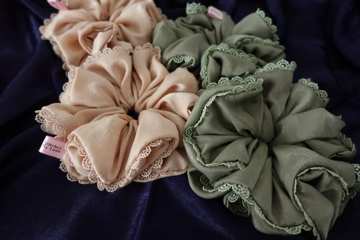 Oversized Lace Trim Scrunchies, XXL Velvet Satin Scrunchies, Handmade Scrunchies