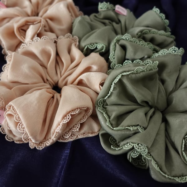 Oversized Lace Trim Scrunchies, XXL Velvet Satin Scrunchies, Handmade Scrunchies