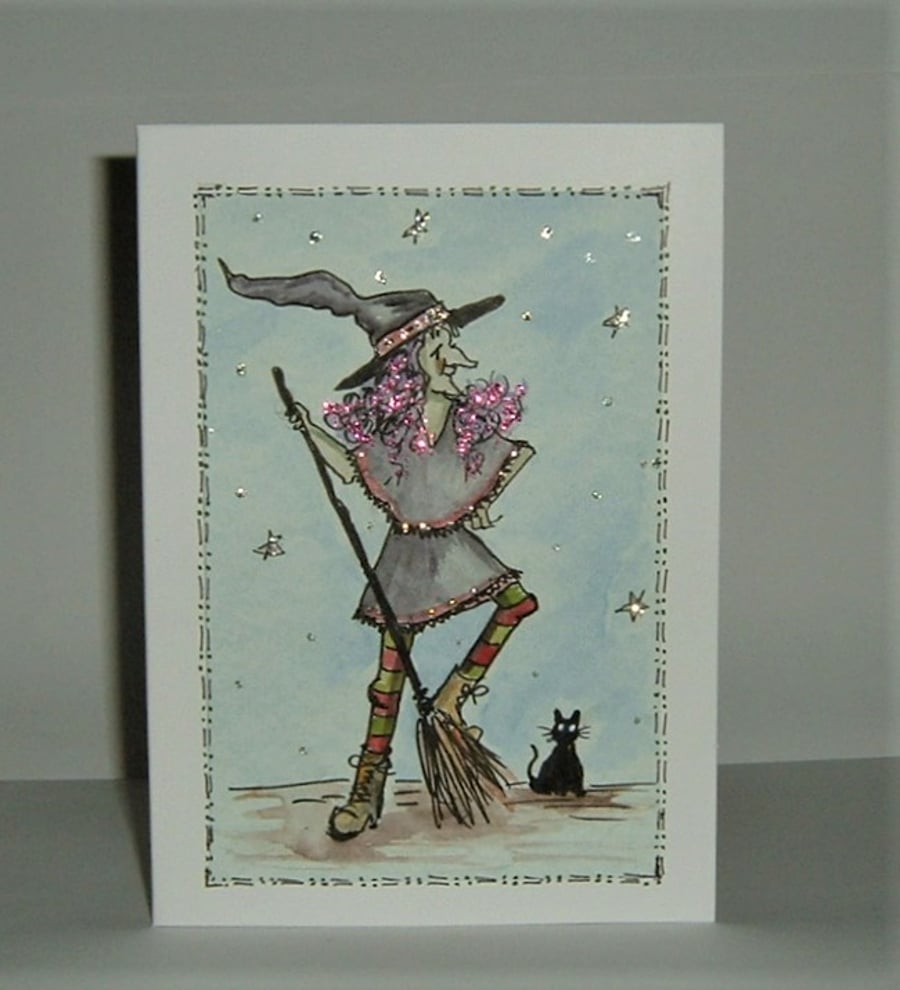 hand painted cartoon witch greetings card...( ref F 860)