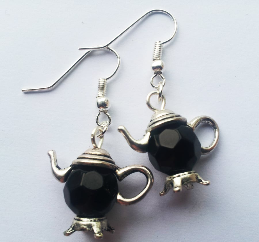 Black Glass Teapot Earrings Drop Dangle Earrings