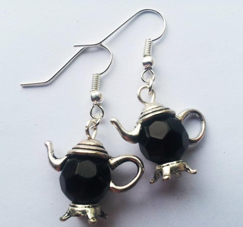 Black Glass Teapot Earrings Drop Dangle Earrings