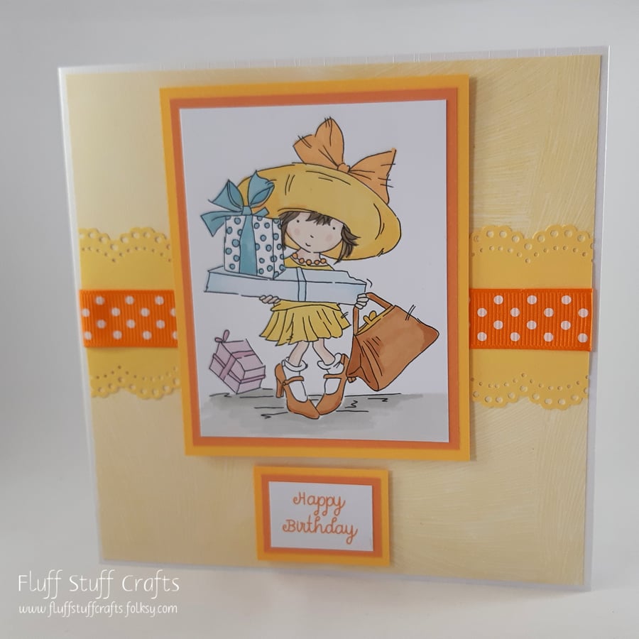 Handmade birthday card - girl with birthday presents