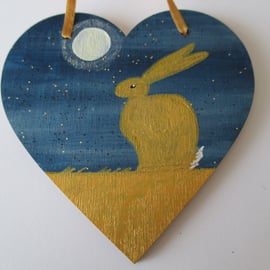 Bunny Rabbit Hanging Decoration Hand Painted Wooden Heart Golden Hare Bunny 003