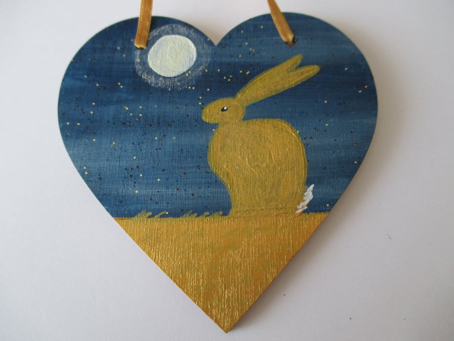 Bunny Rabbit Hanging Decoration Hand Painted Wooden Heart Golden Hare Bunny 003