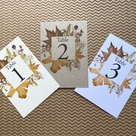 Autumn maple leaves wedding TABLE NUMBERS dry wild flowers gold rustic A6 card