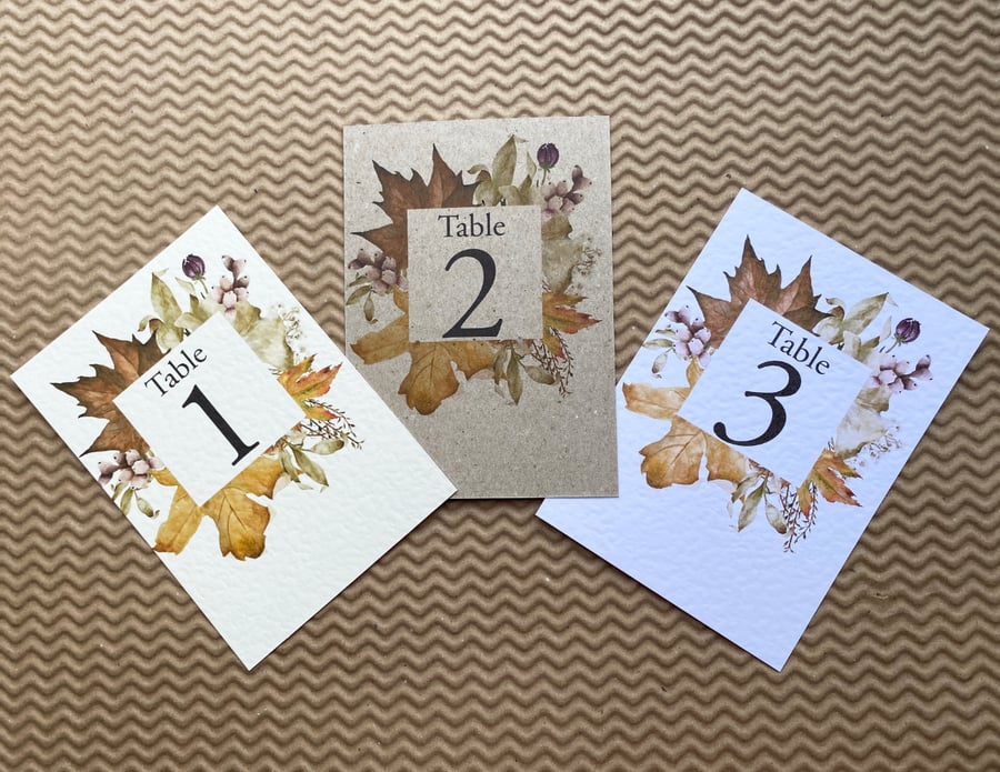 Autumn maple leaves wedding TABLE NUMBERS dry wild flowers gold rustic A6 card