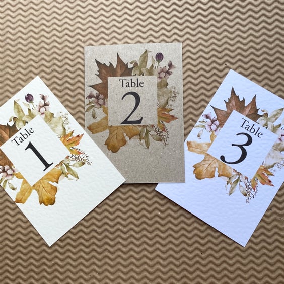 Autumn maple leaves wedding TABLE NUMBERS dry wild flowers gold rustic A6 card
