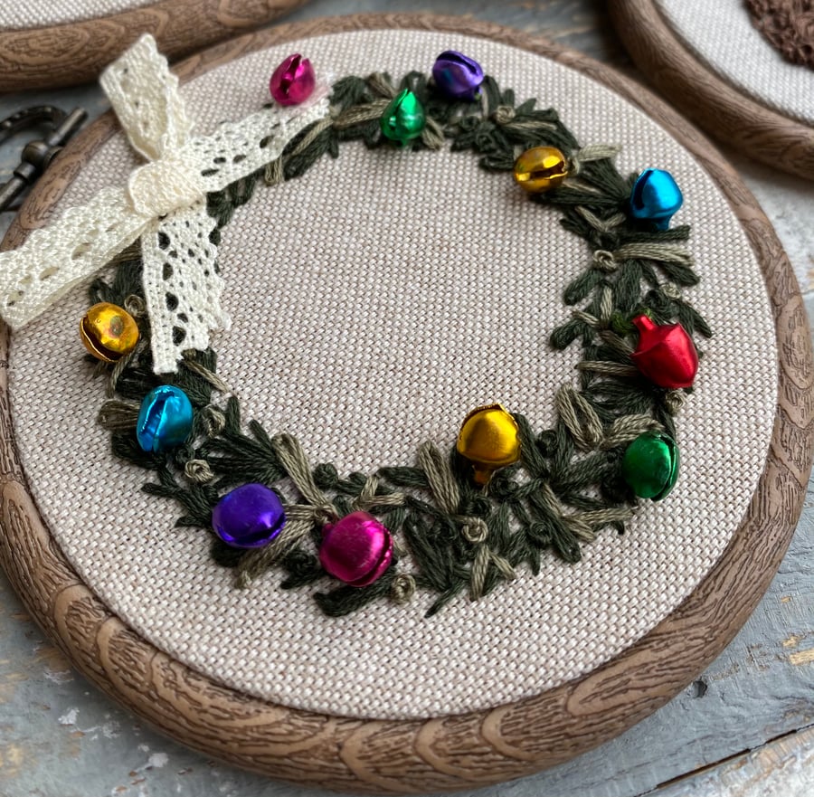 Bright Christmas Wreath Embroidery Hoop Art