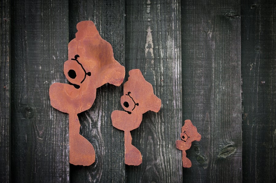 Metal Teddy Bear Family Fence Ornament, Rusty Garden Wall Art, Garden Gift