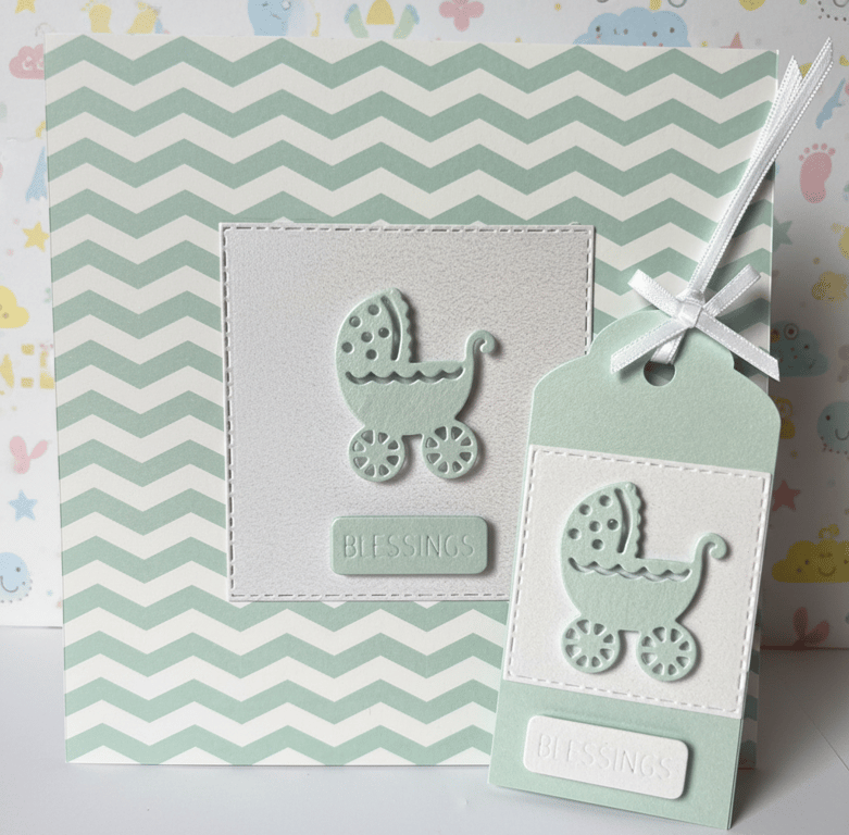 Handmade Pearl shimmer Aquamarine baby card with matching gift tag