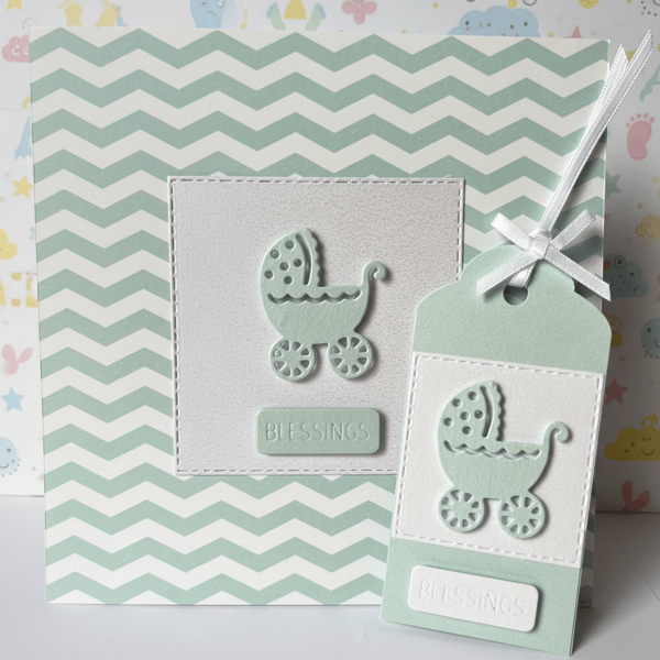 Handmade Pearl shimmer Aquamarine baby card with matching gift tag