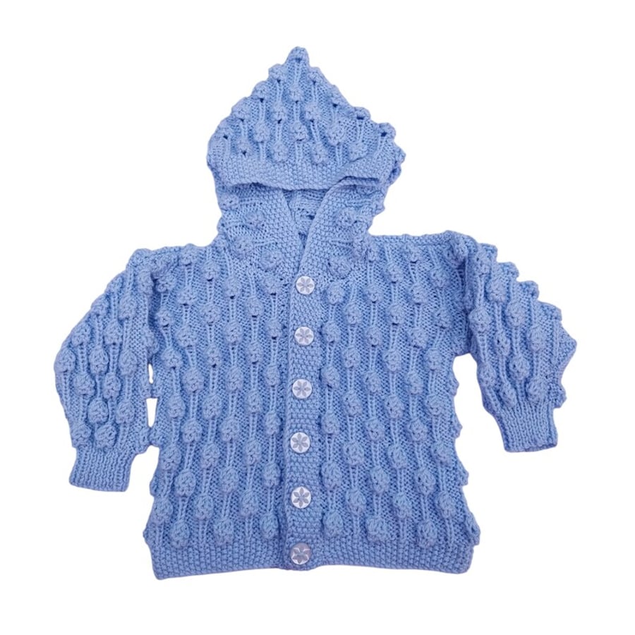 Baby cardigan in blue with hood and bobble pattern to fit 6 - 12 months 