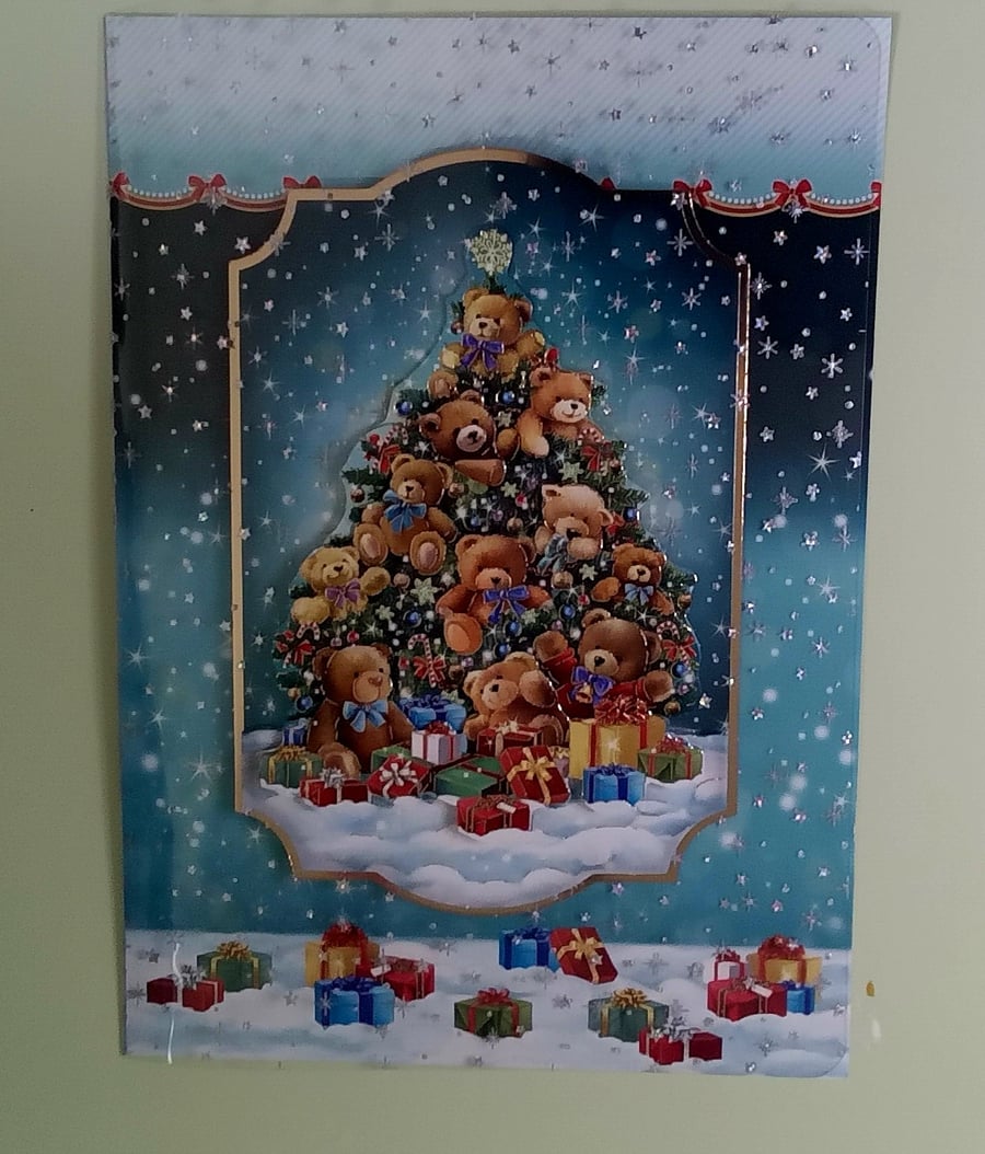 3D Decoupaged Christmas Card, Teddy Bear Tree