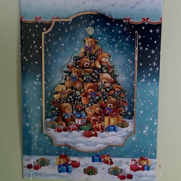 3D Decoupaged Christmas Card, Teddy Bear Tree