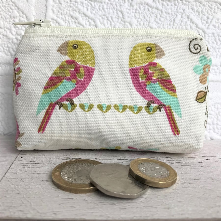 Small purse, coin purse with tropical parrots print