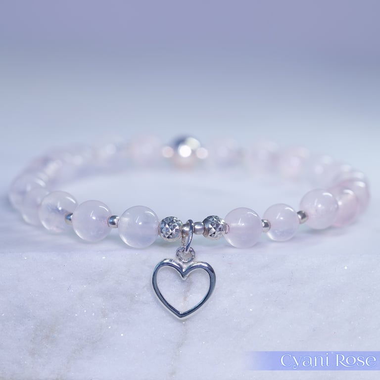  Bracelet rose quartz and sterling silver heart charm stretchy handmade