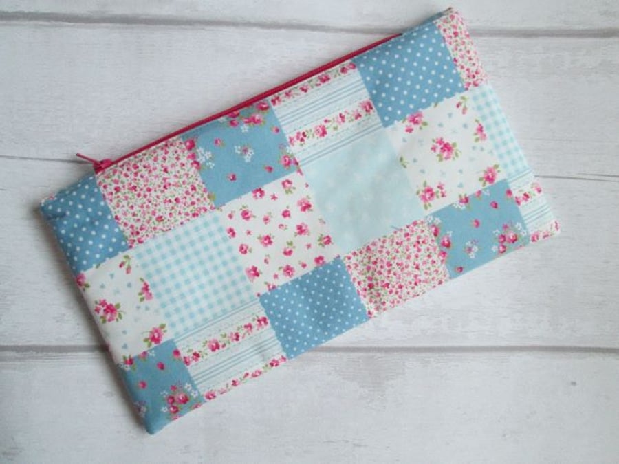Sold -Pink & Blue Patchwork Effect Zip Top Storage Bag, Make Up Bag, Pencil Case
