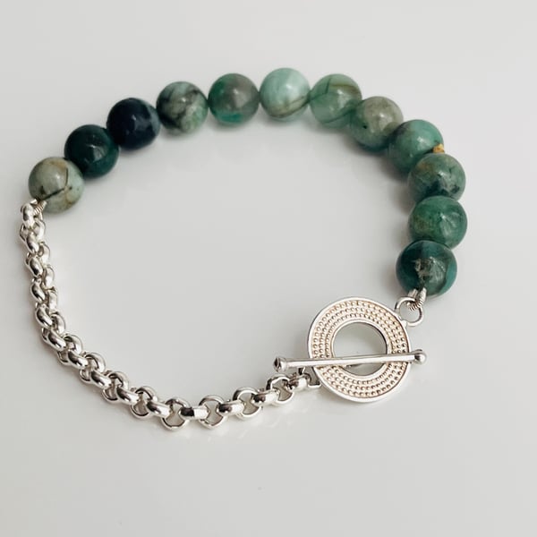 Emerald & Sterling Silver-Rolo Chain Bracelet with Toggler Clasp