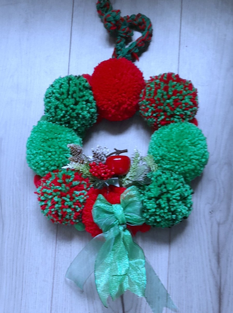 Green, and Red Christmas Pom Pom Wreath 32cms