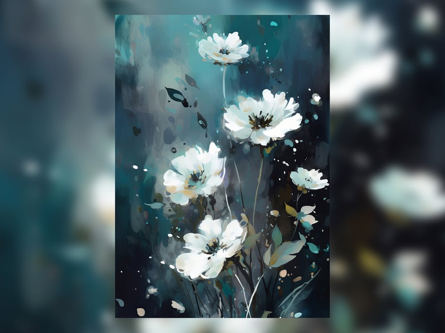 White Flowers on Blue Background, Painting Print, Nature Themed Art 5x7