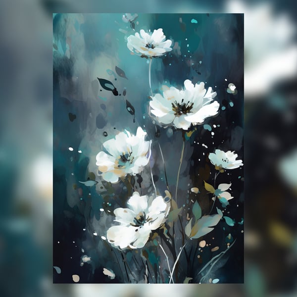 White Flowers on Blue Background, Painting Print, Nature Themed Art 5x7