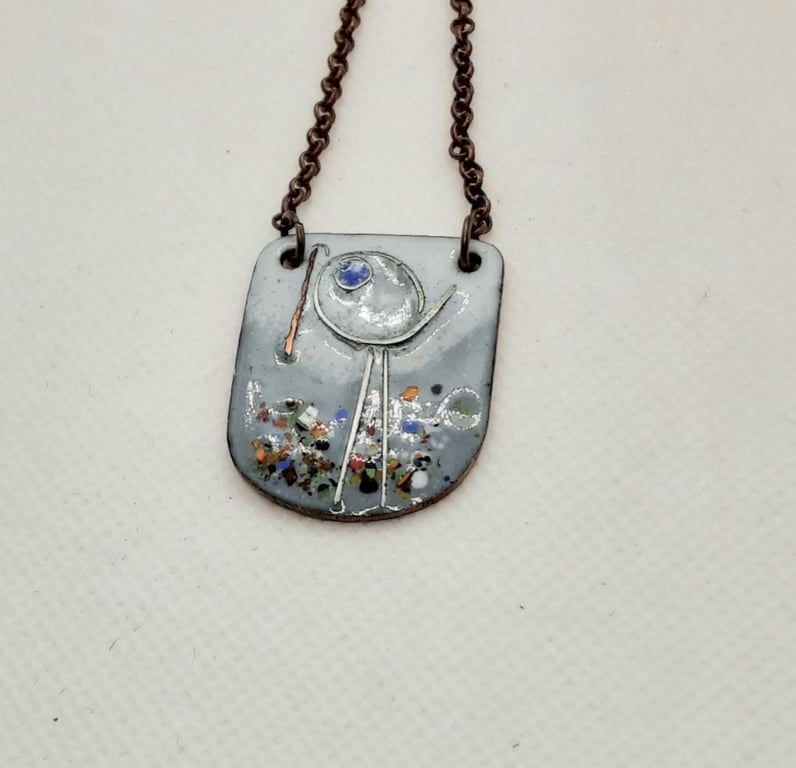 LONG LEGGED BIRD WITH WORM NECKLACE - ENAMELLED COPPER & SILVER