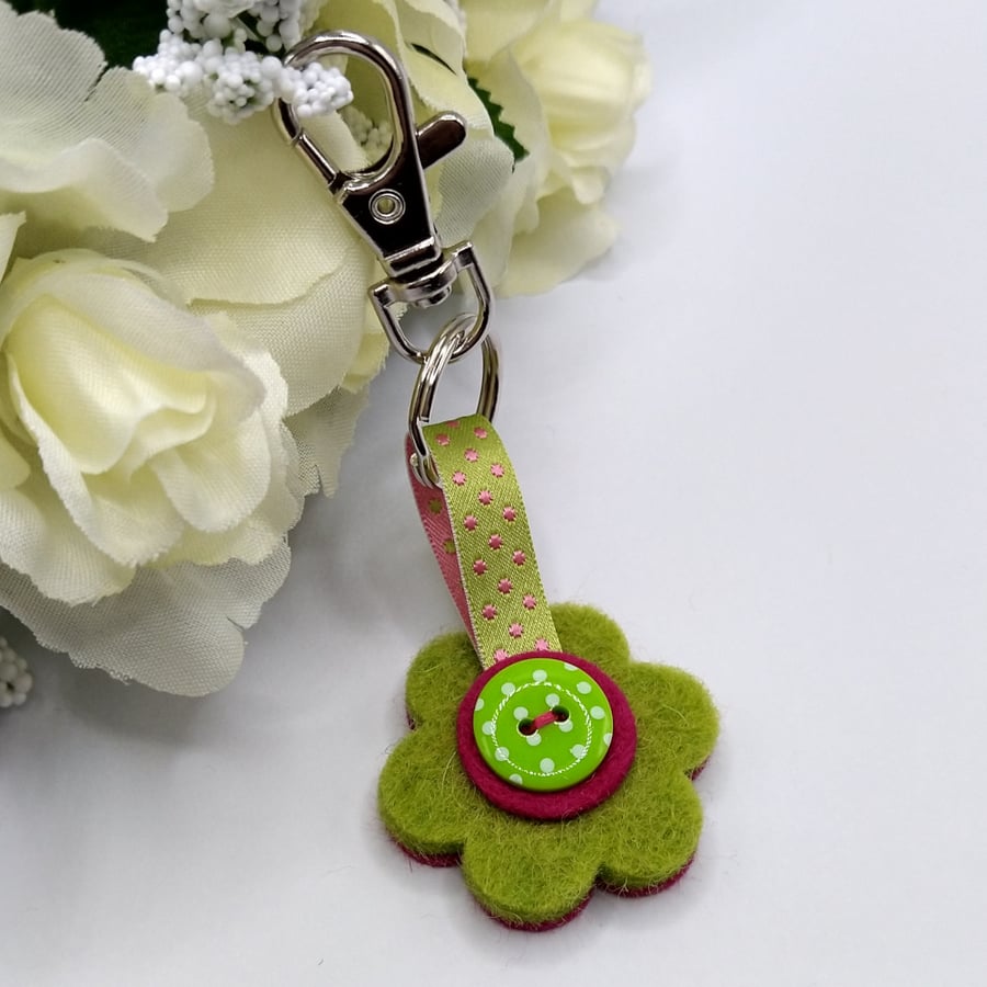 Small Green and Pink Felt Flower Keyring - Handbag Embellishment