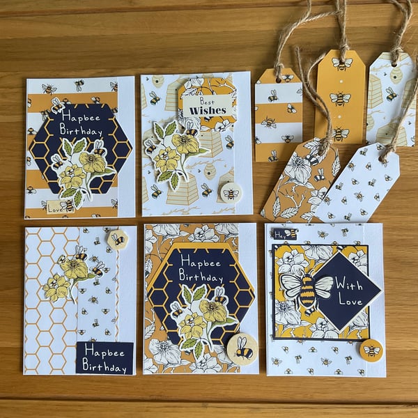 Cards. Set of five colourful bee themed cards with coordinating gift tags