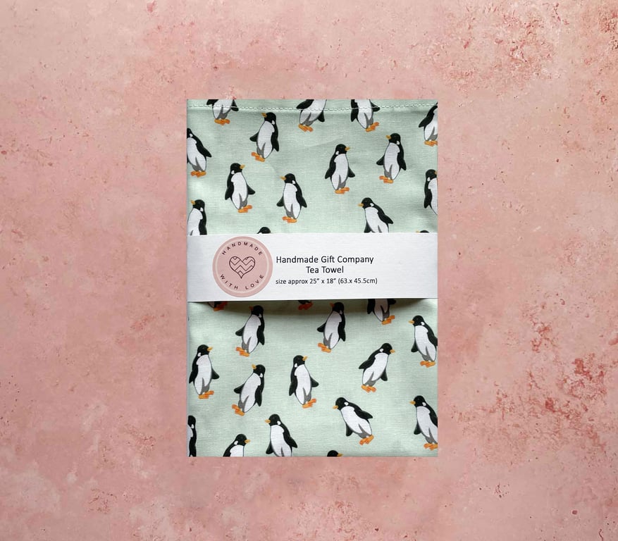 Fabric Handmade Pretty Cotton Tea Towel with a Penguin Design-Mint Green