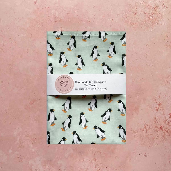 Fabric Handmade Pretty Cotton Tea Towel with a Penguin Design-Mint Green