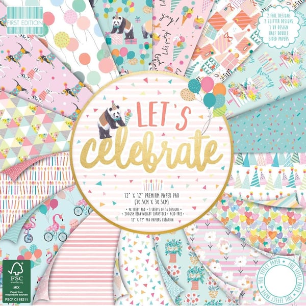 12"x12" Card Pack 48 Sheets 200gsm First Edition "Let's Celebrate" Paper Pad