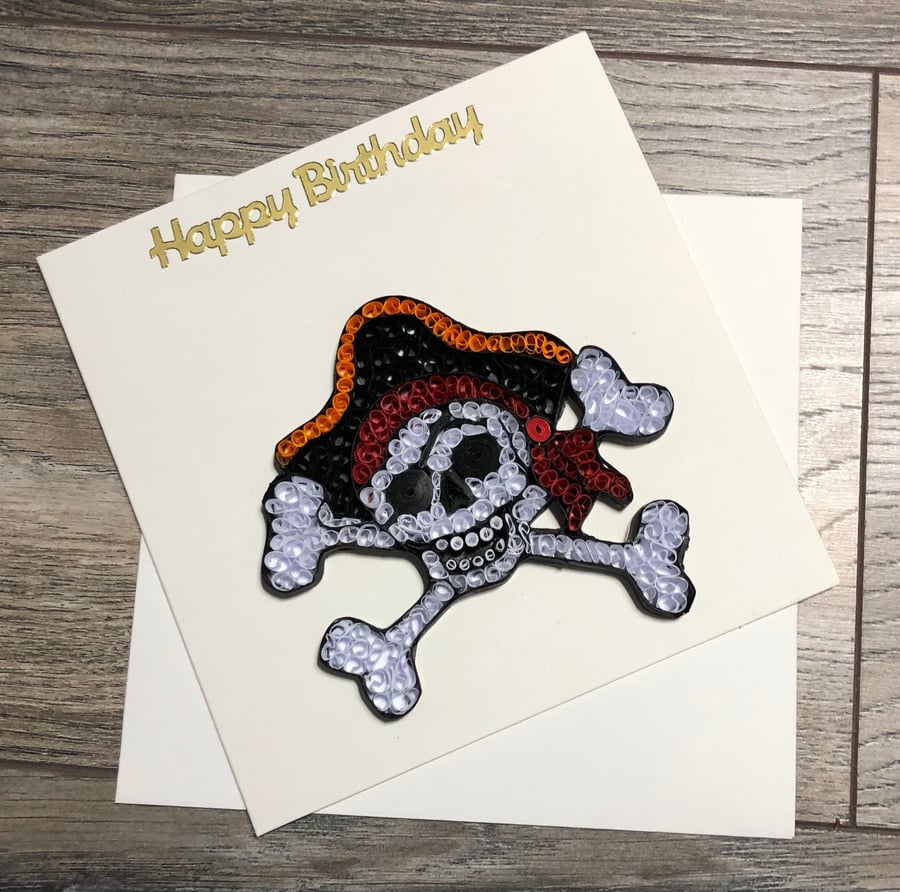Handmade quilled black and white pirate card