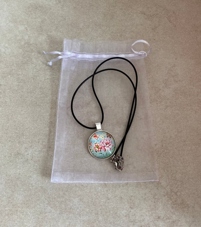 Pretty Pink and Light Blue Floral Shabby Chic Pendant Necklace