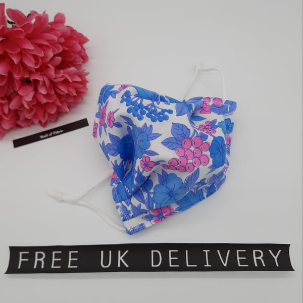 Face mask, medium,  3 layer,  nose wire, adjustable, washable blue pink flower