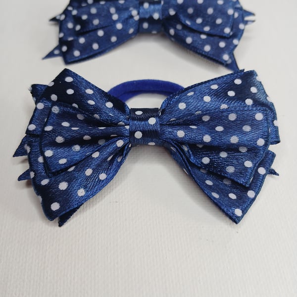 Pair of Satin Bow Hair Bands – Dark Blue with White Polka Dots, Stylish Idea