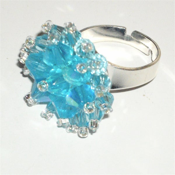Blue Crystal Bead Bling Ring - UK Free Post