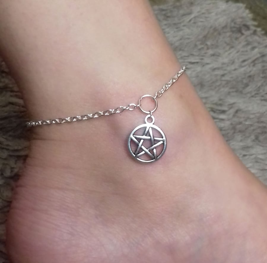 Silver Plate Pentagram Pentacle Anklet Ankle Bracelet Wicca Pagan 