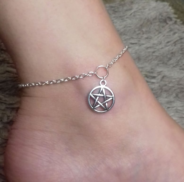 Silver Plate Pentagram Pentacle Anklet Ankle Bracelet Wicca Pagan 
