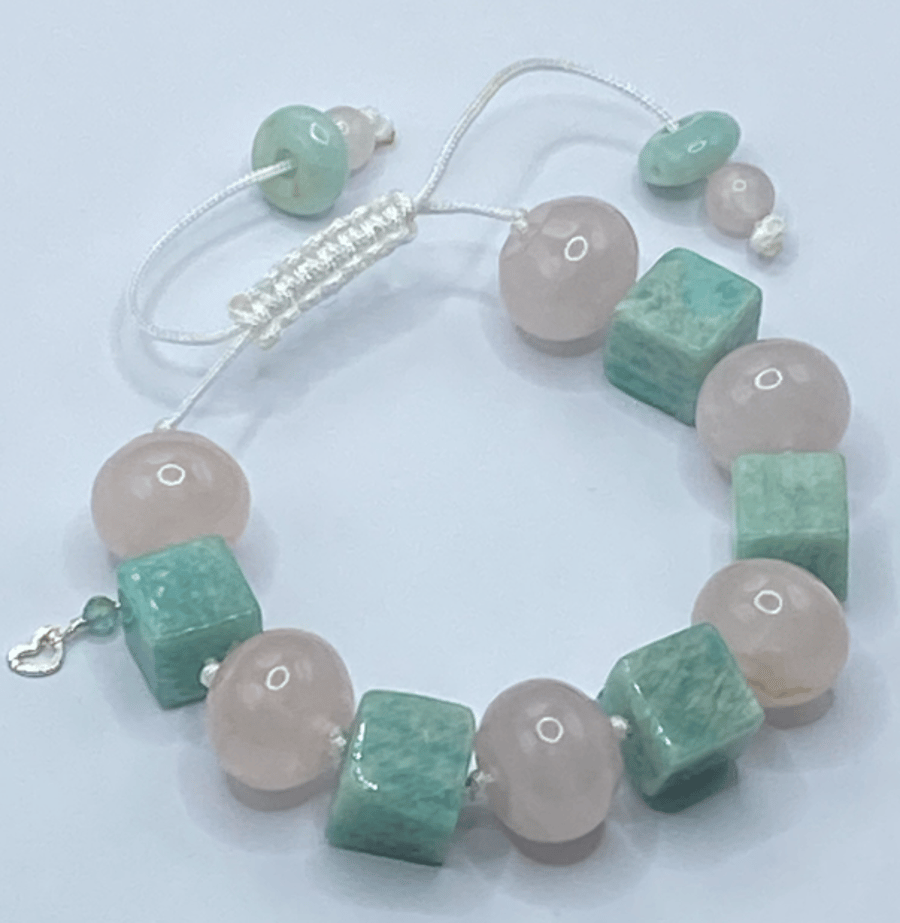 Macrame cord bracelet with amazonite and rose quartz stones