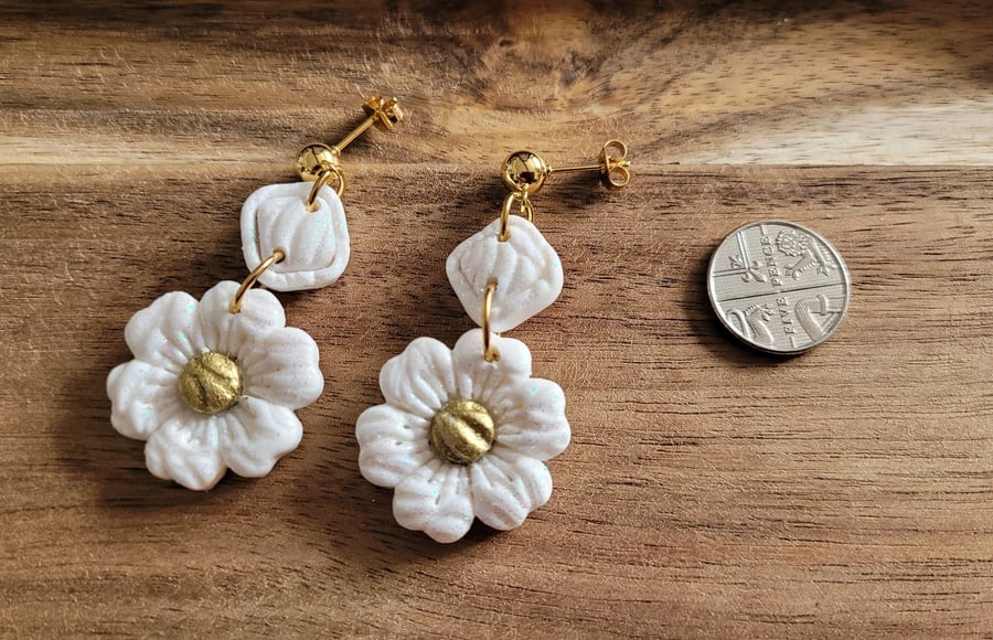 White Polymer Clay Flower Earrings, 316 Surgical Stainless Steel