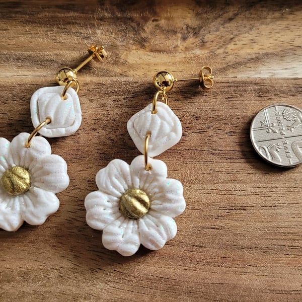 White Polymer Clay Flower Earrings, 316 Surgical Stainless Steel