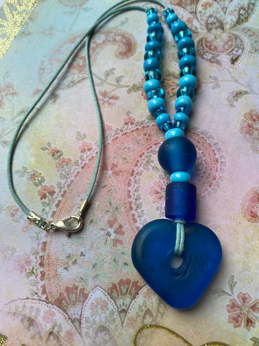 Blue Chunky Glass Bead Heart Necklace