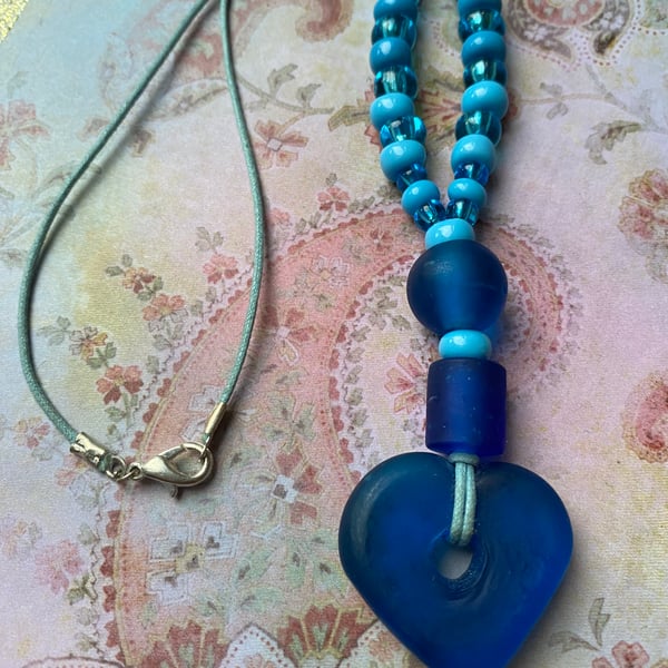 Blue Chunky Glass Bead Heart Necklace