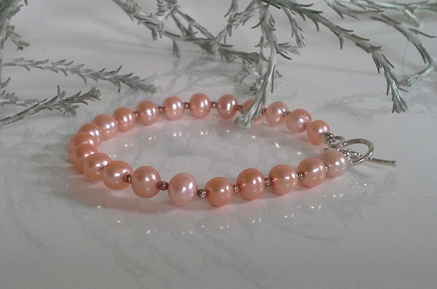 Feminine Deep Peach Freshwater Pearl Sterling Silver Bracelet 