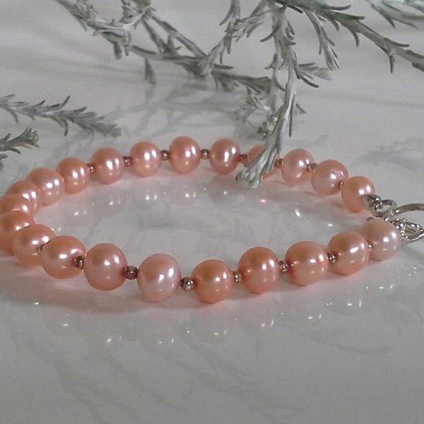 Feminine Deep Peach Freshwater Pearl Sterling Silver Bracelet 