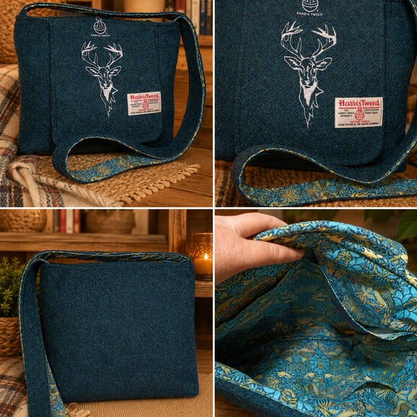 Harris Tweed Crossbody Bag with Stag 