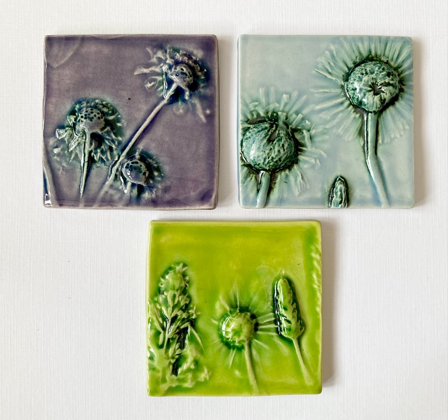 3 botanical square ceramic tiles