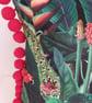 Printed Velvet Jungle Design Cushion Cover with Red Pom Poms - Image 3