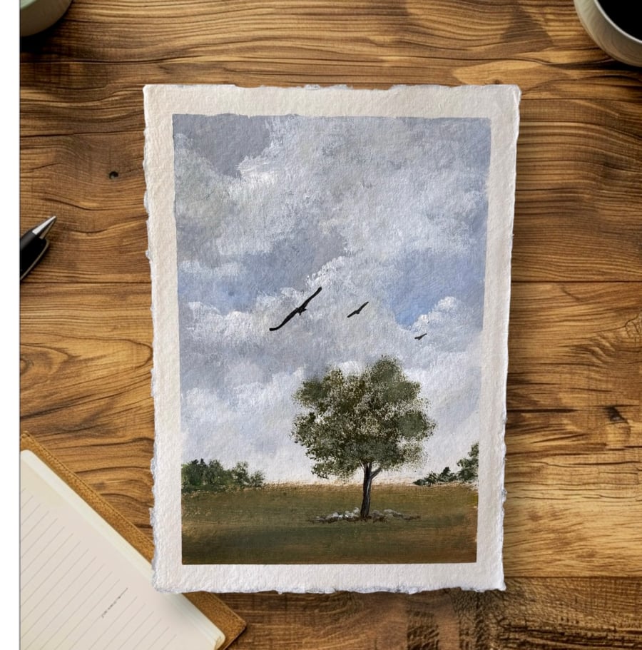 Original acrylic landscape painting on handmade cotton paper 