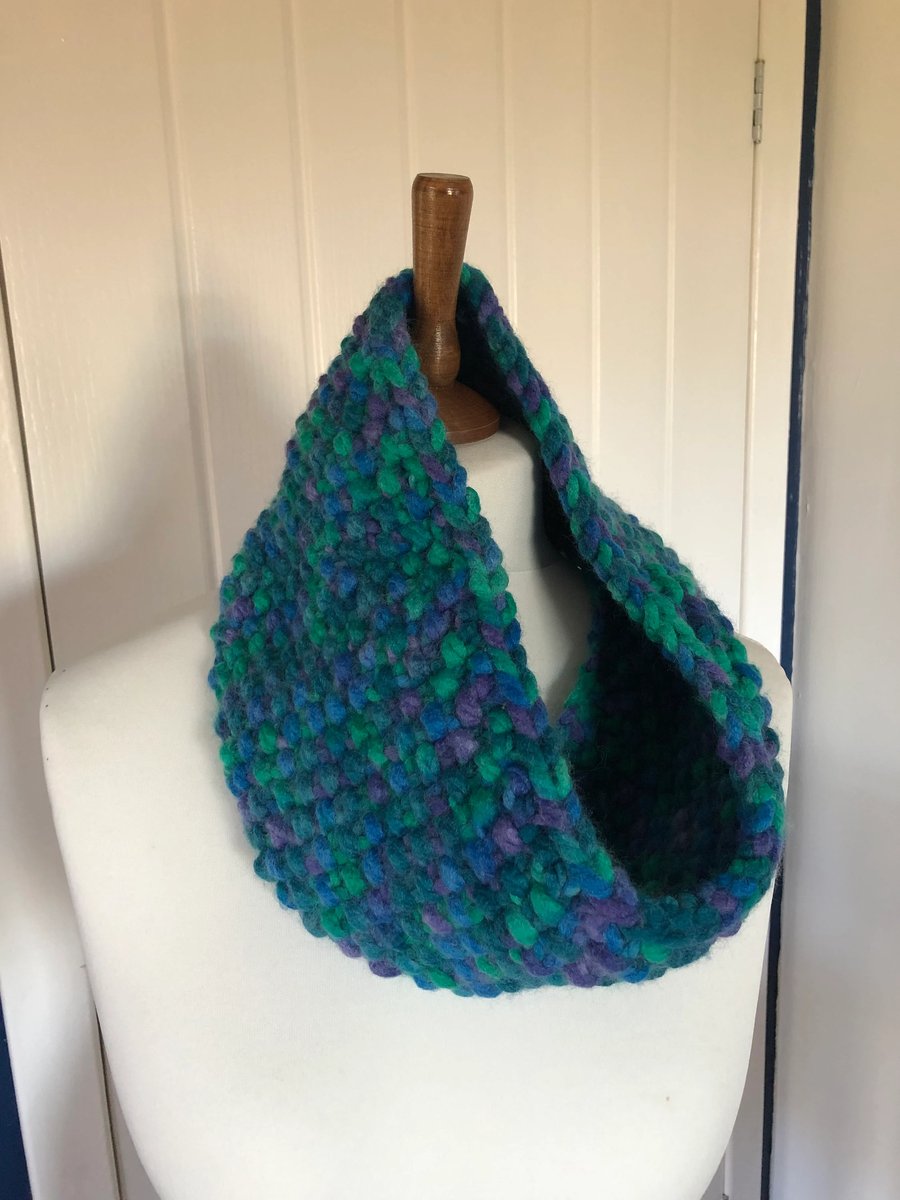 Cowl super chunky acrylic handknit Purples and Greens 15cms wide x 71cms around 